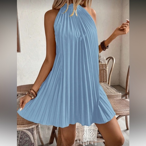 Elegant Cream and Rust Pleated Halter Dress - Picture 10 of 16